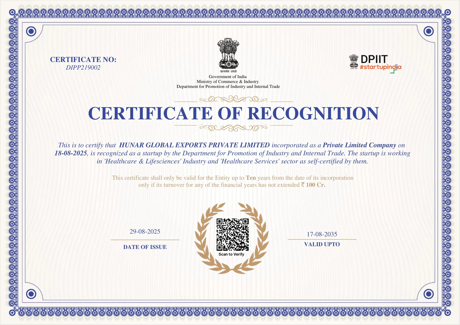Startup India Recognition